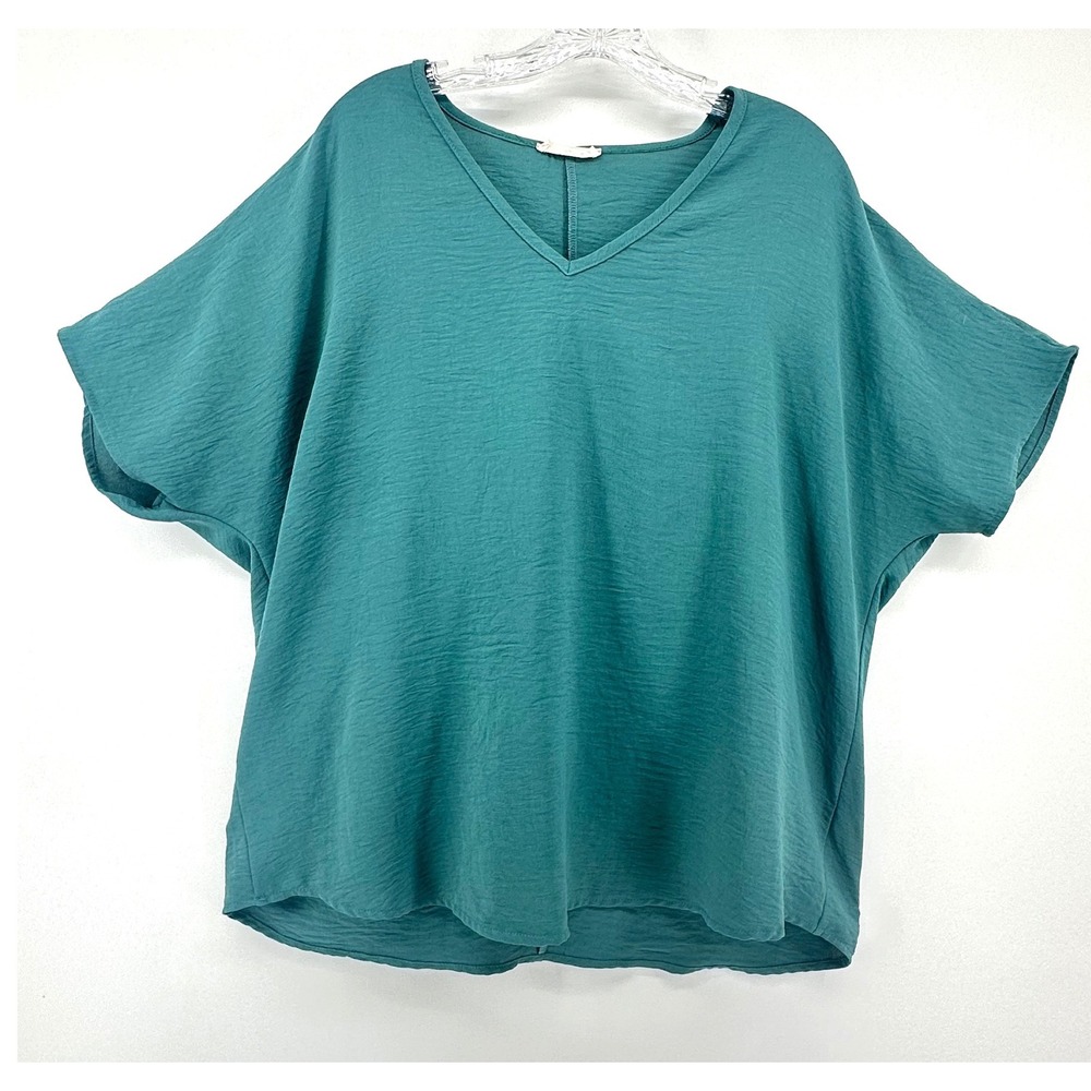 Entro Womens Teal Green V-Neck Dolman Short Sleeve Blouse Large Career Teacher